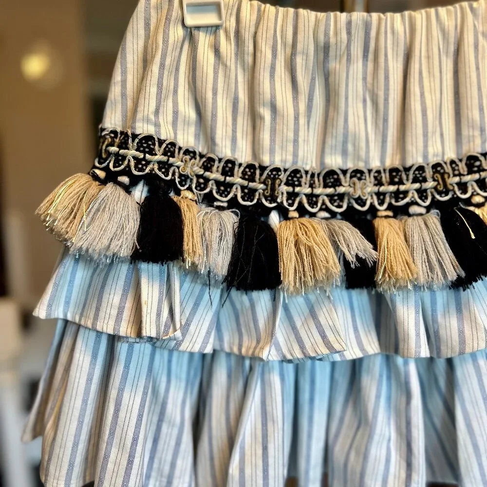 Caroline Constas Pinstripe Tiered Mini Skirt with Tassel Detail Womens Sz Small